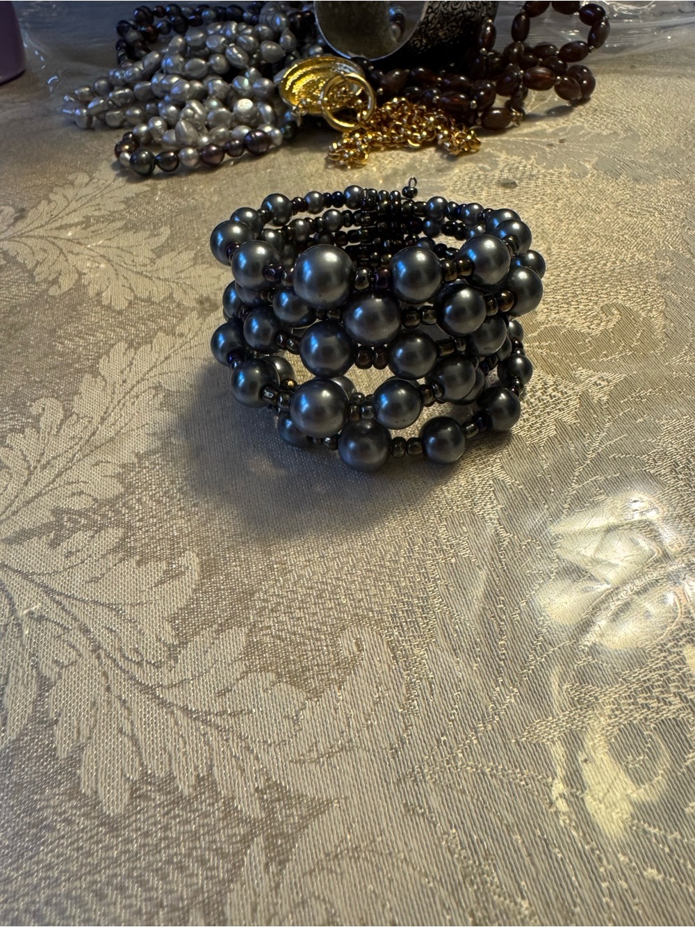 Vintage Gray Peacock Faux Pearl Multi Strand Wide Cuff Bracelet